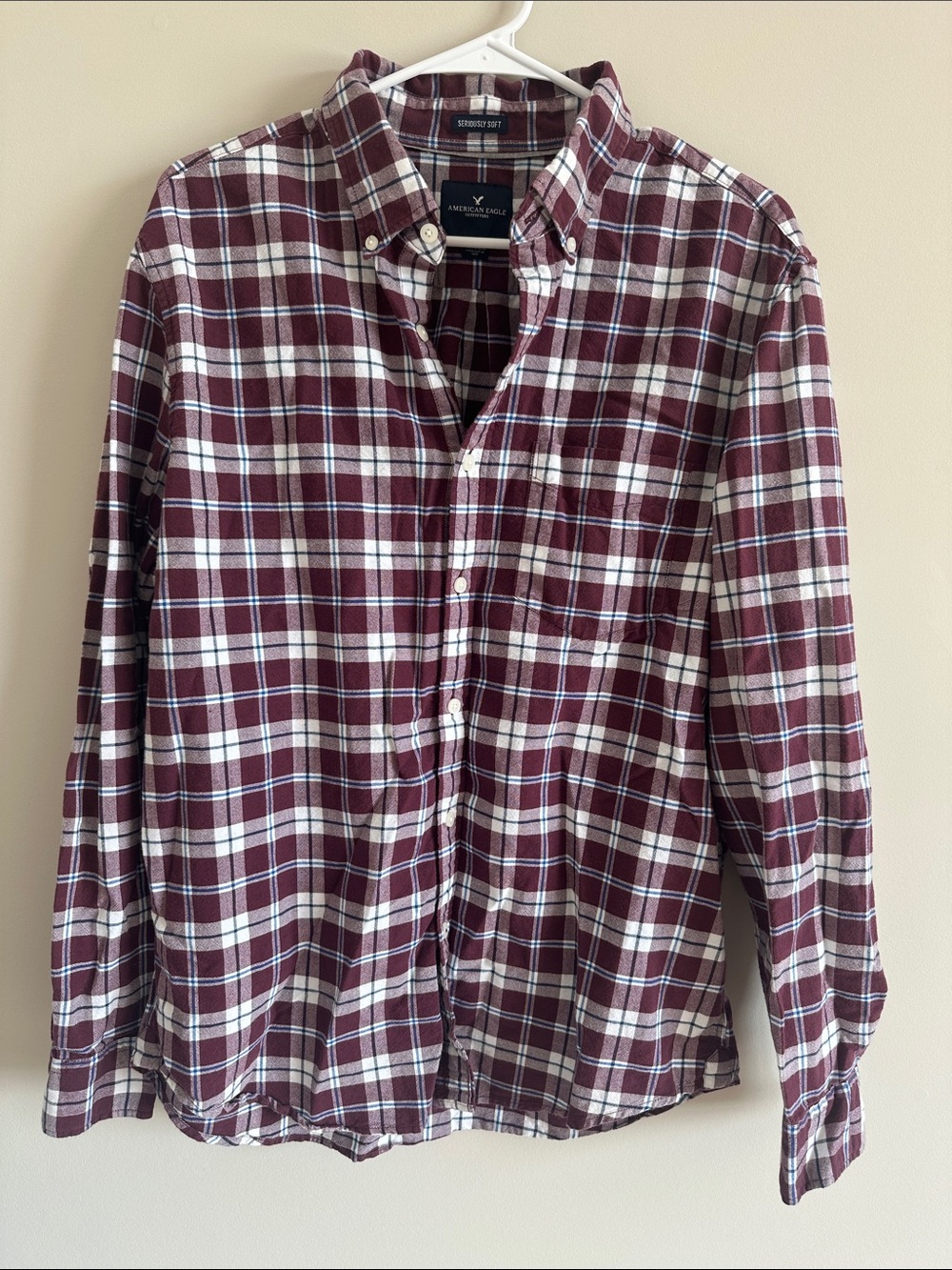 American Eagle Men's Maroon and White Plaid Button-Down Shirt